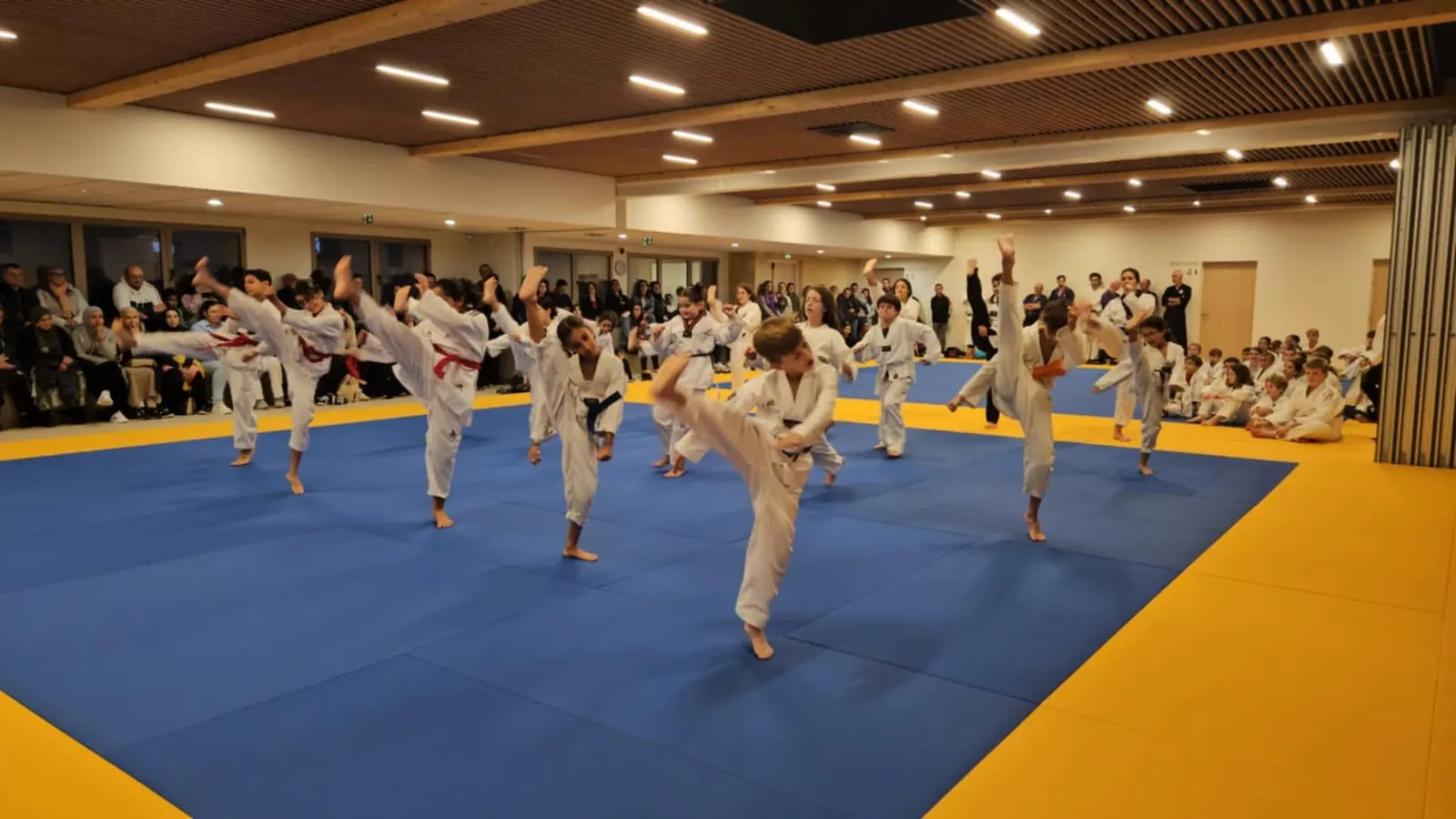 Démonstration du club : les élèves exécutent un coup de pied haut devant le public