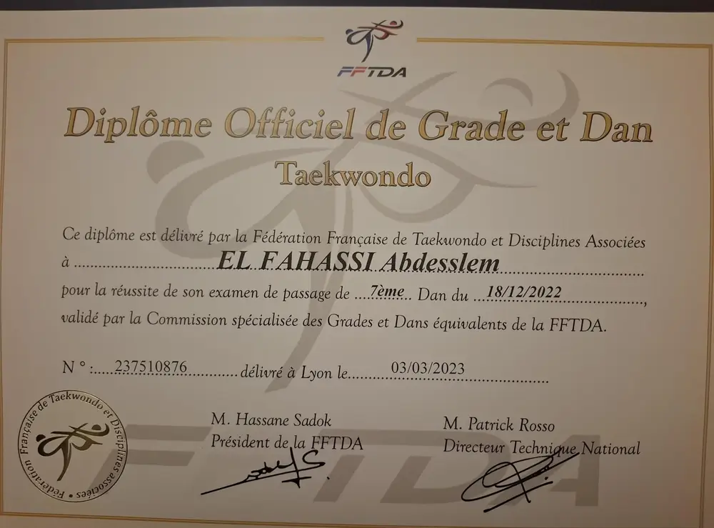 Diplôme officiel de grade et dan FFTDA