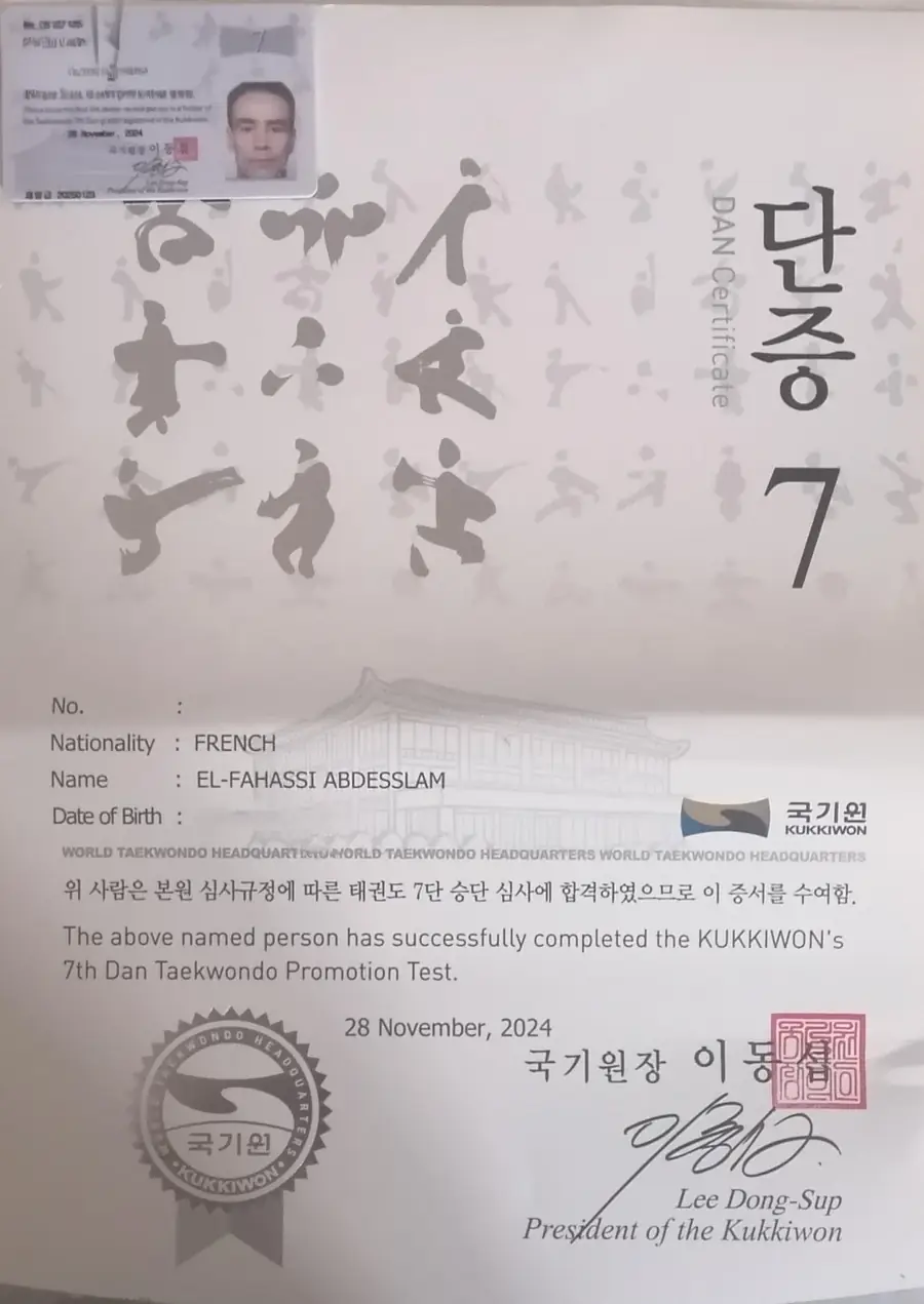 Certificat Kukkiwon 7e dan d'Abdesslem El Fahassi